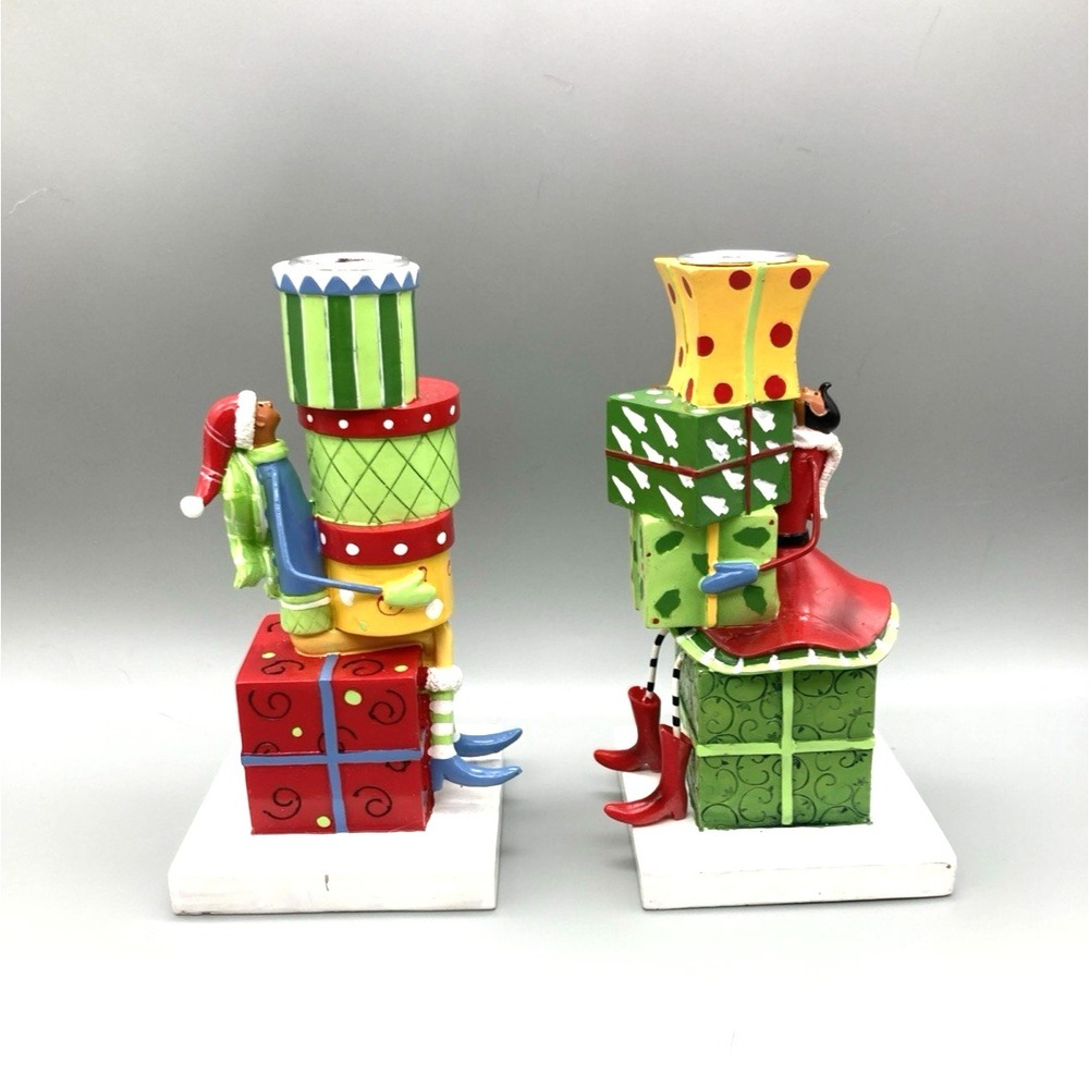 Vintage Dept 56 Christmas Candlestick Holders Boy/Girl Stacked Presents Whimsy